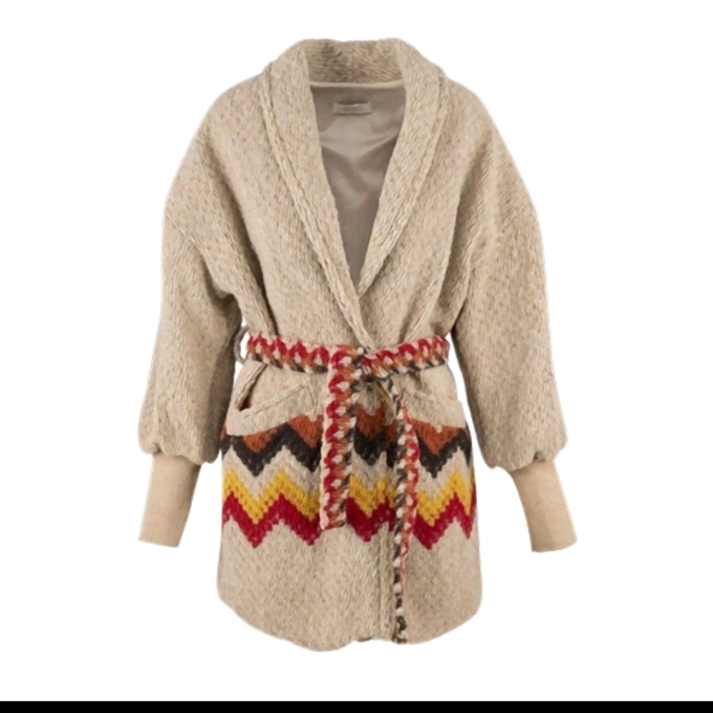 Astrid Womens Beige Belted Jacket Boho Cardigan With Geometric Print M
